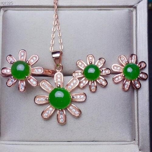 KJJEAXCMY Fine jewelry, 925 Silver-inlaid Natural Hotan Jade Necklace Pendant Ring Earring Set Support Detection
