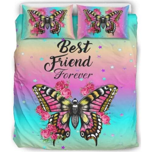 3-Piece Super Soft Microfiber Quilt Duvet Bedding Set Personalize Colorful Butterflies Printed Best Friend Forever Bedding Set
