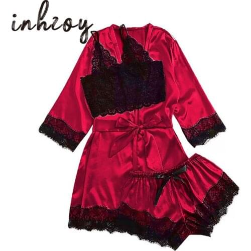 3pcs Sexy Robe Sets Women Nightwear Satin Lace Cami with Shorts Nightgown Belt Bathrobe Pyjamas Sleepwear Female Home Lingerie