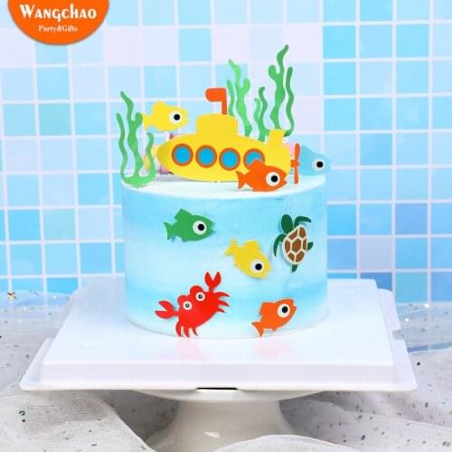 Beautiful Sea Ocean Theme Cake Topper Happy Birthday Party Decoration Submarine World Summer Fish Series Cake Decoration