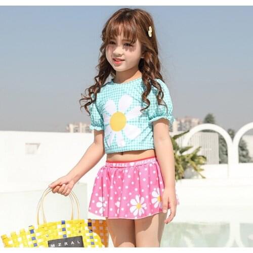 2021 Girls Floral Swimsuit Two-pieces Swimwear Kids Short Sleeve Dress Summer Beachwear Baby Bathing Suit Childrens Quick Dry