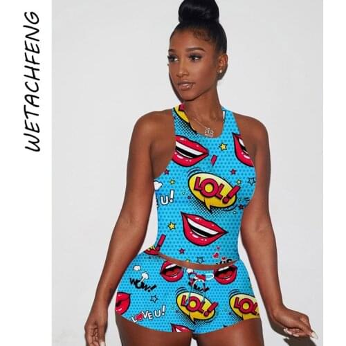 Summer Sexy Letter Print Cute Cartoon Shorts And Crop Top Two Piece Sets Blue Plus Size Tracksuits Womens Sportswear Clothing