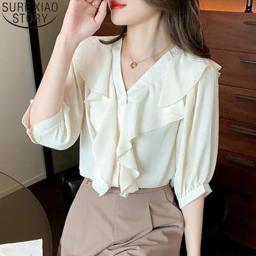 Ruffles Short Sleeve Summer Blouse Korean New V Collar Sweet Chiffon Shirt Womens Long Sleeve Loose Casual Tops Mujer 15377