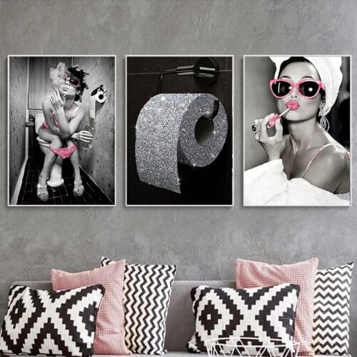 Fashion Sexy Woman Poster Print Pink Girl Drinking Bar Canvas Painting twinkle Toilet Roll Paper Picture Modern Wall Art Decor