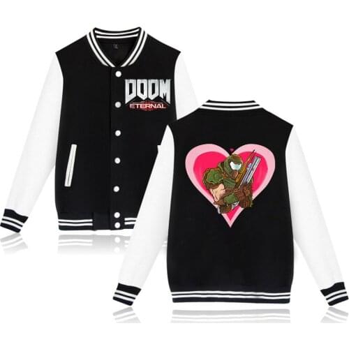 2019 New Fashion DOOM love Letter Print Baseball Uniform Men/Women Hip Hop Jacket Black/Pink 4XL Big Size Brand Clothing