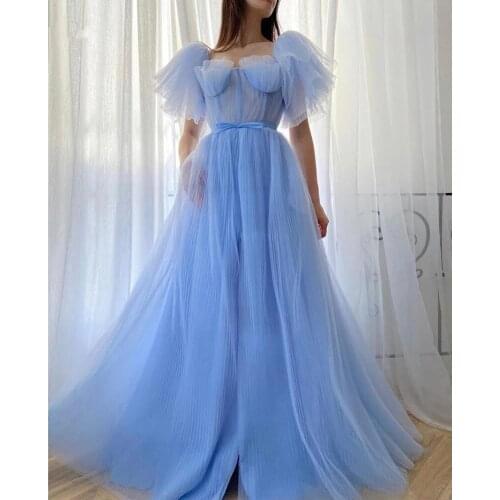 Sky Blue Prom Dresses A-line Off The Shoulder Tulle Dubai Saudi Arabic Robe De Soiree Long Prom Gown Evening Dresses