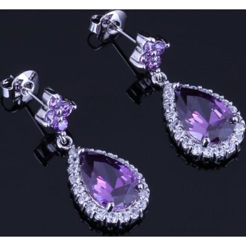 Unusual Water Drop Purple Cubic Zirconia White CZ Silver Plated Drop Dangle Earrings V0745