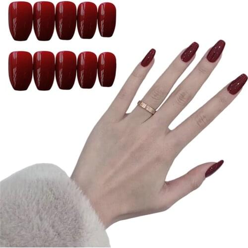 24PCS Artificial Nails With Glue Ballet Wine Red Fashionable Fake Nails Square Long Detachable Wearable Fake Nails With Glue DL