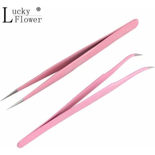Lucky Flower Pink stainless steel Mink eyelash extension Straight Or bend Optional tweezers professional Eye Lashes Tweezers