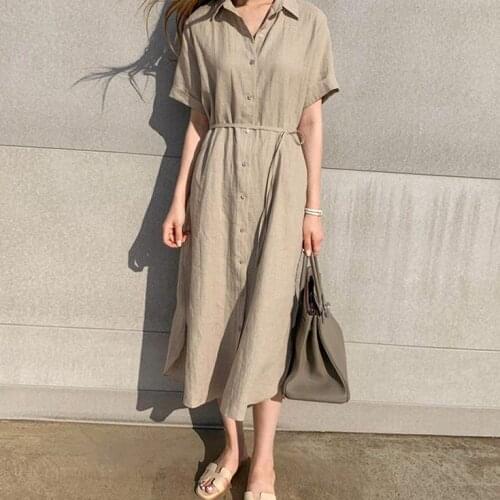 Casual Solid V-Neck Summer Dress Women Short-Sleeveed Office Single Breasted Lace-Up Womens Dress Beach Loose Midi Dresses 2021