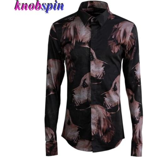 Fashion Cartoon Pet Printed Shirt men trend clothings male Turn-down collar long sleeve Slim casual Business mens shirts Camisas
