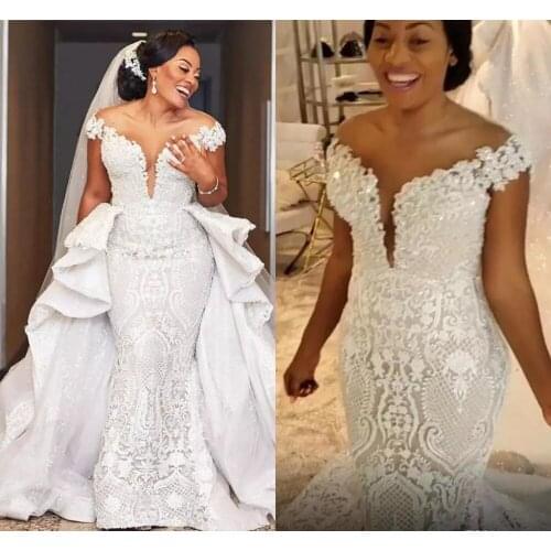 Mermaid Wedding Dresses 2022 Detachable Train African Lace Garden Boho Bridal Gowns Off The Shoulder Bridal Gown