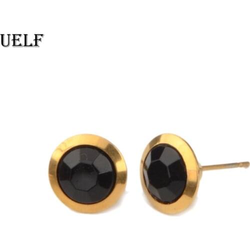 Uelf Black Stone Earrings Zircon Stainless Steel Round Stud Earrings For Women Best Gift
