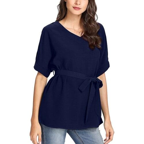 Womens Casual V Neckline Short Sleeve Blouse Self Tie Dressy Work Solid Color Blouse Tunic Tops Блузка Женская #PY