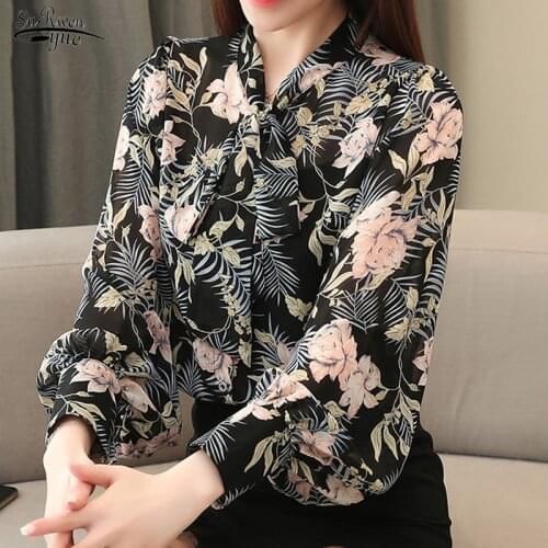 2021 Spring Women Chiffon Blouse Long Sleeve Shirts Casual Tops Bow Floral Print Lantern Sleeve Retro Womens Clothing 8089 50
