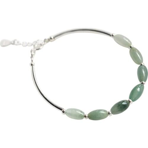 925 Silver Long Green Aventurine Tube Nature Semi-precious Gemstone Beaded Bracelet Bangle Women Stone Bangles For Mother Gift