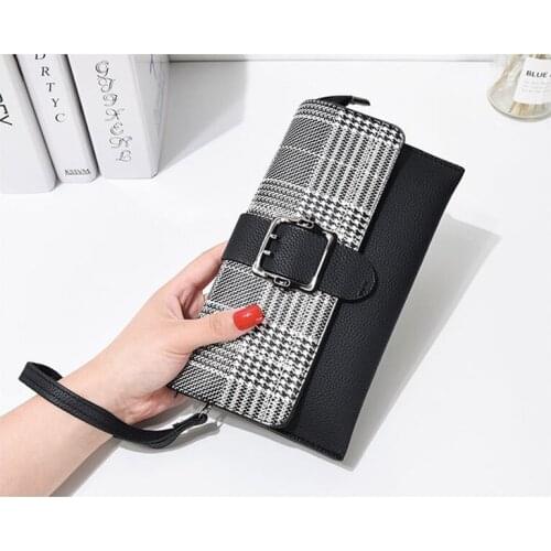 White With Black Plaid Phone Wristlet Cultch Purse PU Leather Button Cover Cash Coin Long Wallet For Women