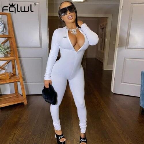 FQLWL Lucky Label Streetwear Sexy Rompers Womens Jumpsuit Female Zipper Black White Long Sleeve One Piece Bodycon Jumpsuit Women
