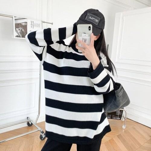 Women Sweater Knitted Sweater Letter Embroidery Black and White Stripes Autumn and Winter New Men and Women