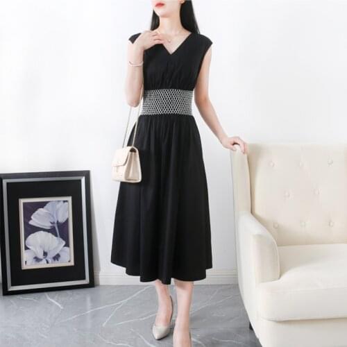 2021 New Summer Cotton Black Folded Elastic Wasit V Neck Midi Dress US 2-8