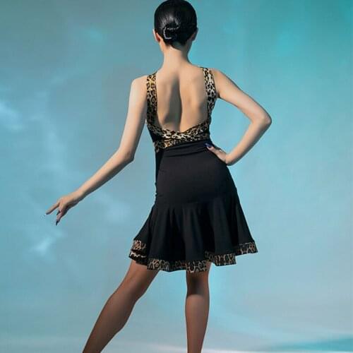 New Off Shoulder Sexy Women Latin Dance Dress Contract Leopard Ballroom Performance Professional Dance Costumes Black Latin 9665