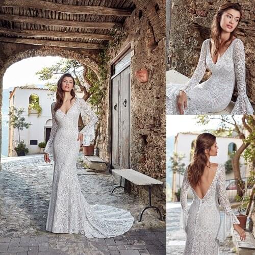 Mermaid Wedding Dresses 2020 Long Sleeves Full Lace Appliques Bridal Gowns Backless Sweep Train Wedding Dress Robes De Mariée