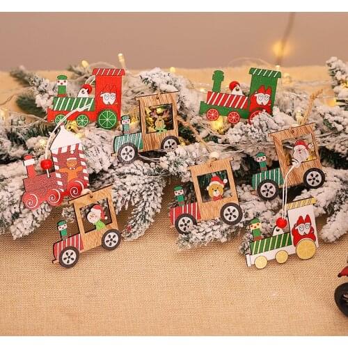 4pcs/set DIY Christmas Train Wooden Pendants Tree Hanging Ornaments Wood Crafts Kids Gift Christmas Tree Decor Happy New Year
