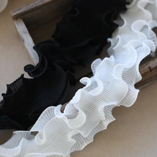 8CM Wide White Black Pleated Chiffon Elastic Lace Ruffle Trim Ribbon 3D Flowers Dress Collar Applique Guipure Sewing DIY Crafts