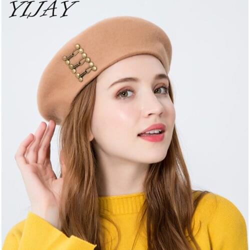 YIJAY 2018 Fashion New Women 100% Wool Solid Color Beret Female Bonnet Caps Winter All Matched Wall Walking Hat Cap