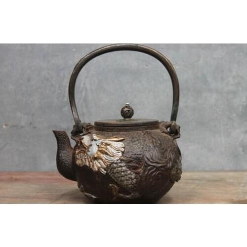 Chinese Collect Archaic Japan Iron Dragon God Flagon Kettle Wine Tea Pot