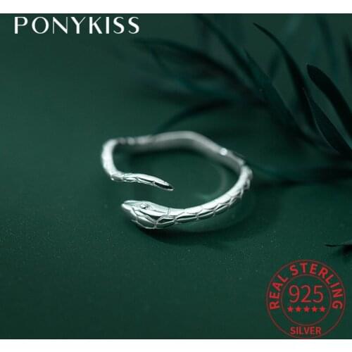 PONYKISS Classic S925 Sterling Silver Snake Animals Open Ring for Women Fine Jewelry Accessory Girl Party Minimlist Chic Gift