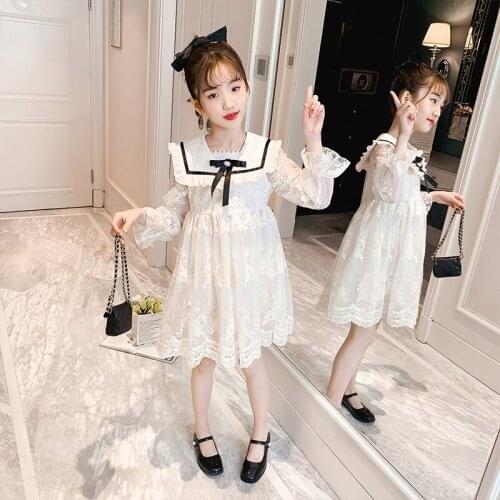 Lace Girl Dress Kid 3-15 Years Spring Summer Solid Petal Sleeve Cute Toddlers Clothing for Girls Party Flower Dress Elegant 2021