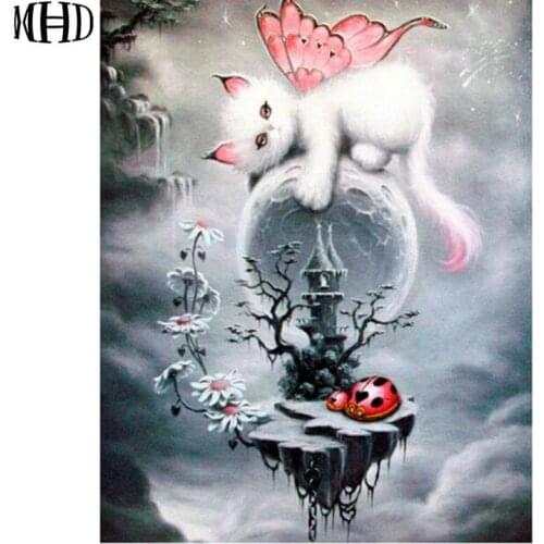 MHD Full Round Diamond Embroidery Cat 5D DIY Diamond Cross Stitch Animal Crystal Mosaic Rhinestone Painting Needlework