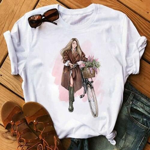 Fashion Girl with Bicycle Printed T Shirt New Women T Shirt Female Cute Graphic Tee Tops Harajuku Women Short Sleeve T-shirt Tee