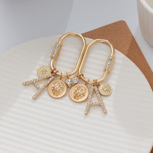 Jaeeyin 2021 Trendy Chunky Gold Color Hoop Earrings Paved Stone Lion Animal Head Coin A Letter Hip Hop Rhinestone Dangle Pendant