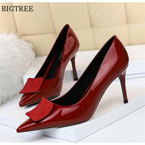 Fashion Lady OL Office Shoes Patent Leather Shallow Women Pumps Square Buckle High Heels Single Shoe Pointe Toe Nude Dress Woman