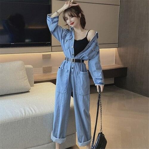 Fashion retro denim overalls womens 2021 new autumn casual loose wide-leg pants jeans trousers with pockets