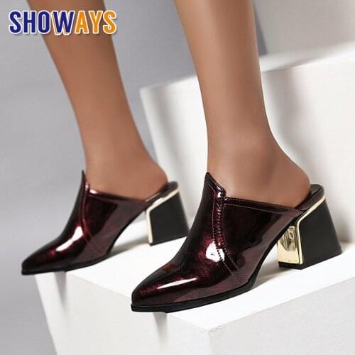 Summer Pointed Toe Mules Black Red Green Patent Leather Slides Slip On Party Club High Thick Heels Sandalia Summer Lady Slippers