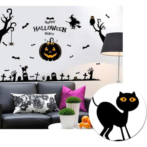 Happy Halloween Party Wall Sticker Pumpkin Owl Spider Cat Stickers for DIY Home Room Kitchen Living Room Background Decorative