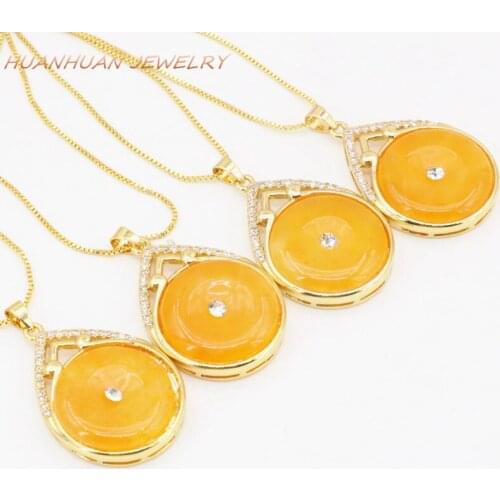 New Round Circle 23X32mm Chain Necklaces & Pendants Natural Yellow Stone Pendants Jades Chalcedony Zircon Inlay Jewelry B3353