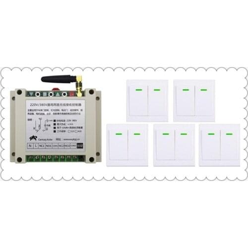 AC220V 250V 380V 30A 2CH Wireless Remote Control Switch Receiver+5*Wall Panel Remote Transmitter Sticky Remote Smart Home Switch