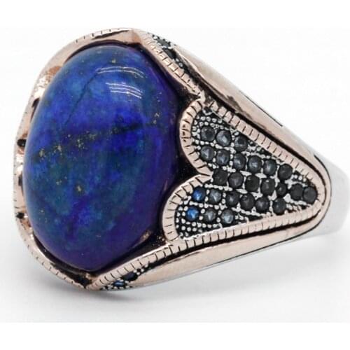 Natural Lapis Stone Solid 925 Sterling Silver Mens Ring Vintage Handmade Turkey Wedding Ring Fashion Jewelry Gift CZ Stone