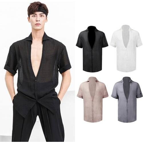 New Mens Latin Dance Tops V Neck Short Sleeved Shirts Male Dance Clothes Latin Practice Wear Samba Cha Cha Salsa Shirt DNV14921