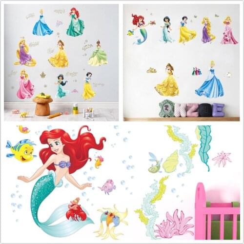 Disney Cartoon Princess Wall Sticker for Kids Rooms Girls Removable Self-adhesive Wallpaper Mural Painting Bedroom Bedside Decor