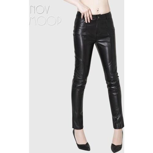 Novmoop soft sheepskin genuine leather women full length pants centre seam decor office lady elegant formal style pantalo LT3427