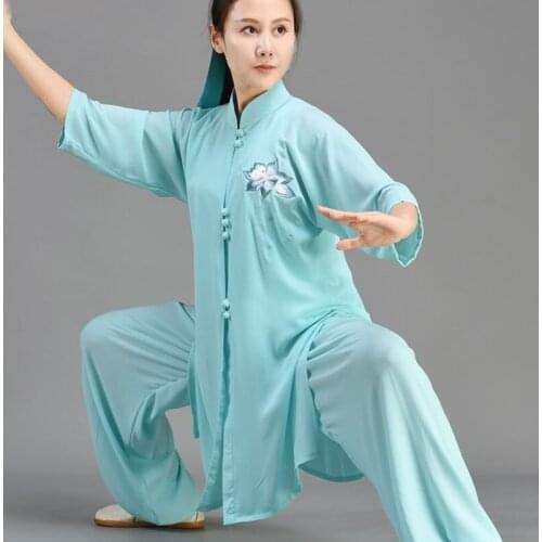 Summer Woman Oblique Lapel Short Sleeves Tai Chi Suit Kung Fu Performance Clothing Wushu Clothing Martial Art Uniforms 12424