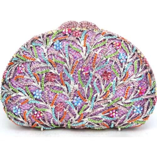 Women Flower Hollow Out Peach Champagne Crystal Rhinestone Evening Clutch Bag Wedding Bridal Metal Handbag Clutches Bag 88620-B