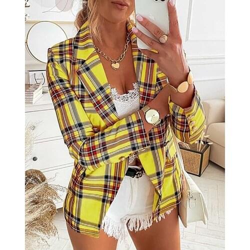2021 fall new suit women Yellow Plaid suit coat
