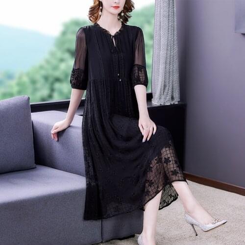 2021 Vinatge 5XL Plus Size Dresses Black Mulberry Silk Embroidery Loose Midi Dress Summer Women Elegant Bodycon Party Vestidos