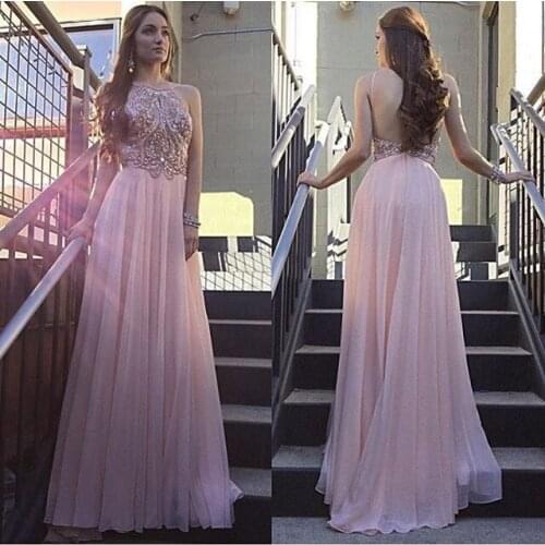 Blush Pink Beaded Crystal Prom Dresses Long 2021 vestidos de fiesta de noche Backless Imported Party Dress A Line Formal Gowns